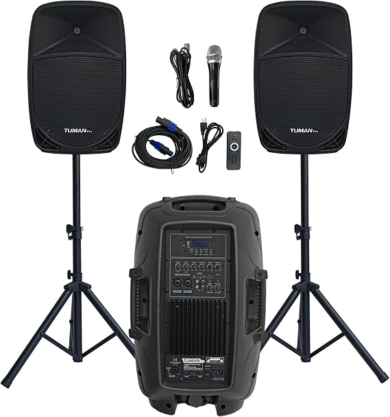 Dual 12 Inch 1000W High Powered PA Speaker System | Support bluetooth FM radio USB SD media playback includes two stands for outdoor karaoke events