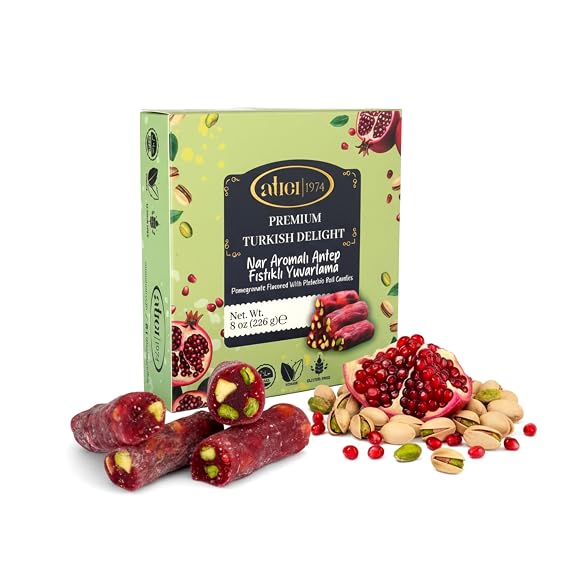 Atici Lokum Authentic Turkish Delight 8oz Gourmet Vegan Sweets, Gluten-Free, Halal Soft Chewy Candy Gift Box | Traditional Premium Lokum Loukoumi Imported from Turkey (Pomegranate Flavored with Pistachio Roll Candies)