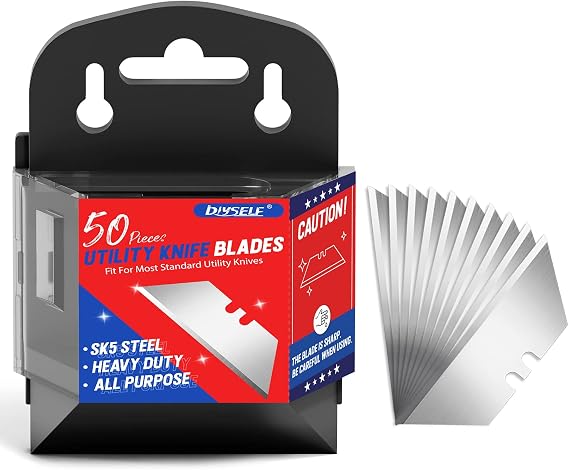 DIYSELF 50 Pack Utility Knife Blades, SK5 Steel Box Cutter Blades with Dispenser, Standard Blades for Box Cutter Utility Knife Replacement, Sharper Utility Blade, Refills | Standard replacement blade refills with dispenser for box cutters and razor knives, designed for sharp reliable cutting