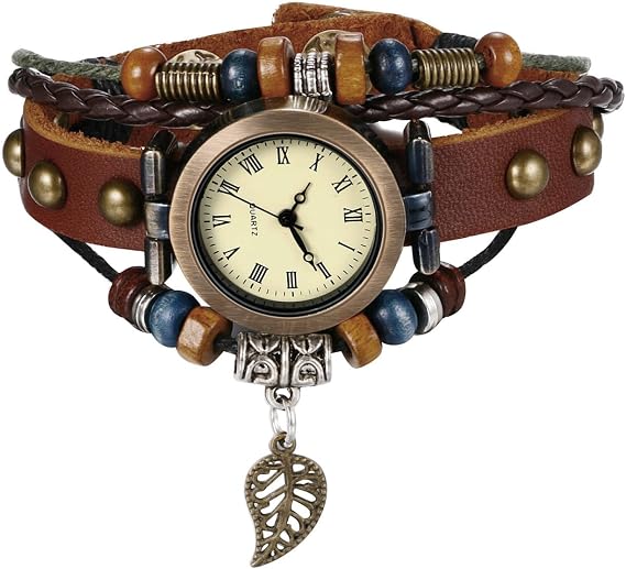 Punk Deri Bilezik İzle: Kadınlar Browm Retro Etnik Casual Analog Kuvars Roma Numarası Tüy Katmanlı Kol Saatleri, Punk, Adult