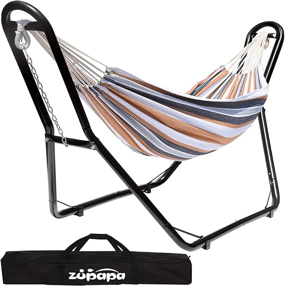 Zupapa Hammock Stand and Hammock, 2 Person Steel Frame, 550LBS Capacity, Coffee Gray Ripples