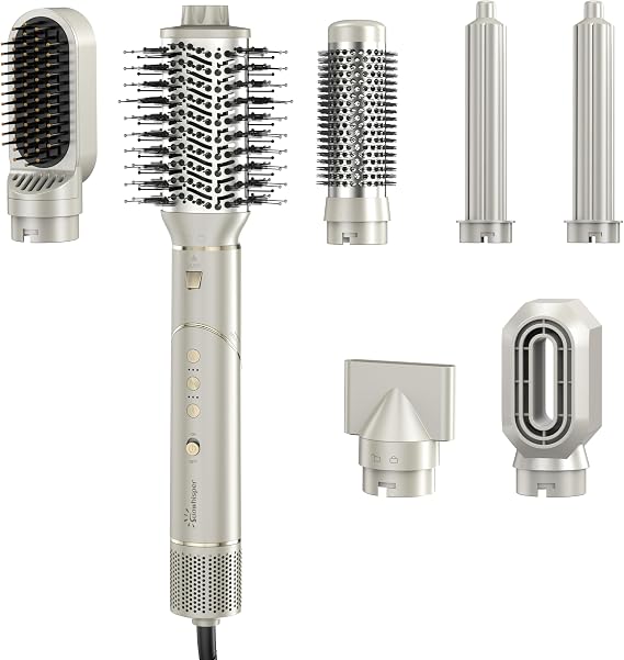 Sunwhisper Hair Dryer Brush 7 in 1 Professional Hot Air Styler, 110,000 RPM High Speed Negative Ionic Dryer, Straightener Comb & 2 Auto Wrap Curlers, 2 Concentrator, Oval & Round Styling Brush