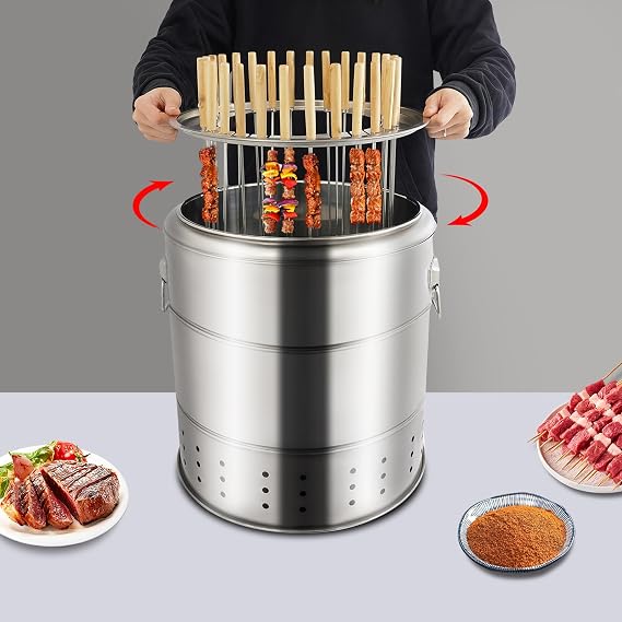 Large Portable Charcoal Grill for Outdoor Cooking, Camping, Backyard, Beach, Stainless Steel BBQ Barrel Grill with 28 Skewers, 360 Smokeless Barbecue Grills for Family & Campers