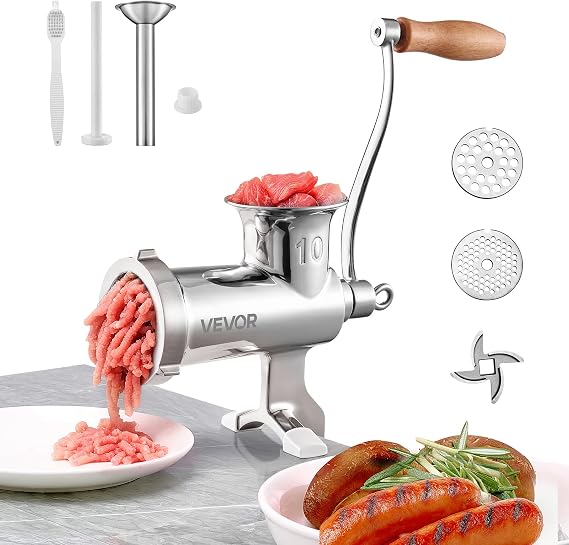 VEVOR Manual Meat Grinder All Parts Stainless Steel Hand Operated Meat Grinder Machine with Table Clamp 2 Sanding Plates & Sausage Filler Ideal for Home Kitchen Restaurant Butcher Shop