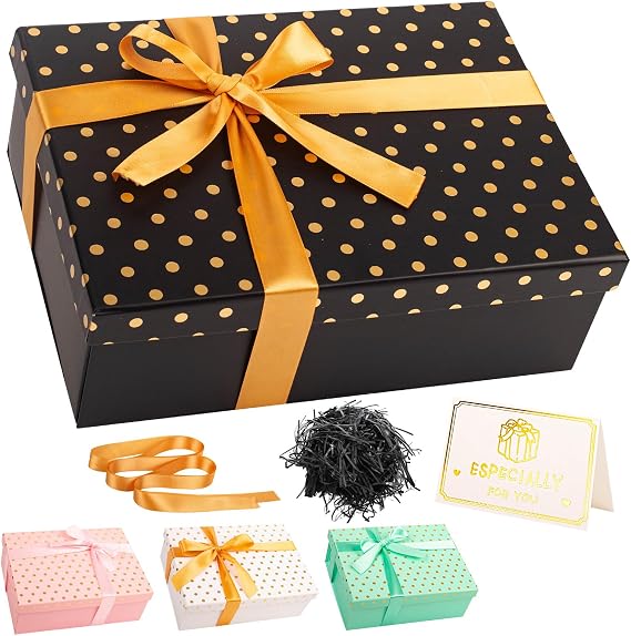 Black Gift Box with Lid 25x18x9cm Luxury Large Gift Boxes for Presents, Empty Birthday Gift Box for Christmas Wedding Bridal Valentines Day Birthday Present Box Women Men with Card Ribbon