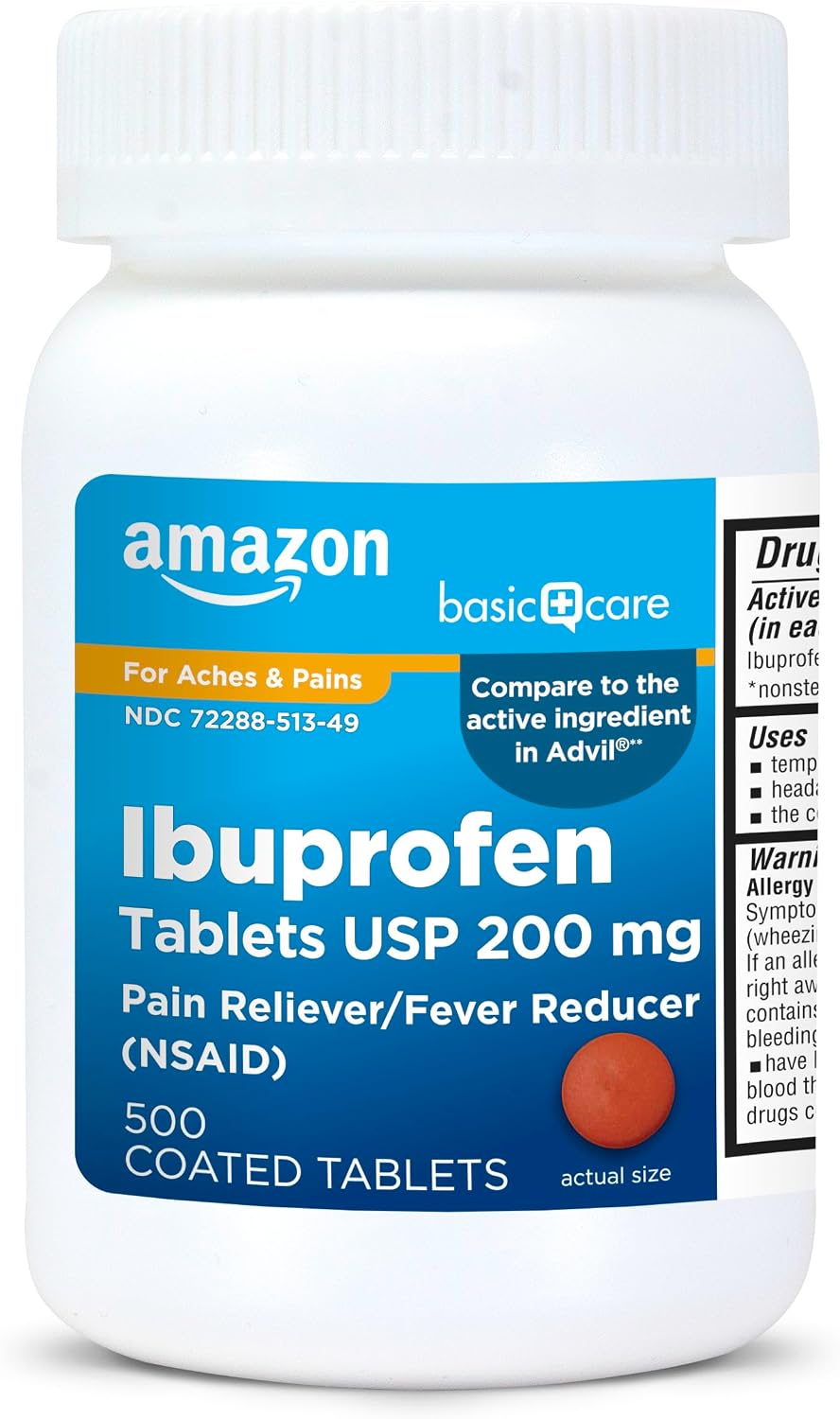 Amazon Basic Care Ibuprofen Tablets 200 mg, Pain RelieverFever Reducer, Body Aches, Headache, Arthritis Pain Relief and More, 500 Count Packaging may vary
