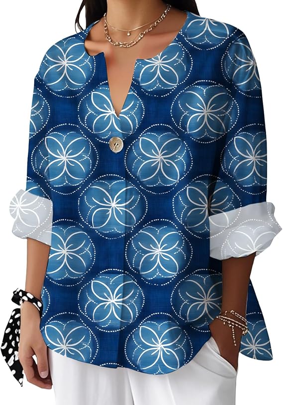 Boho Floral Print Shirts for Women 3/4 Sleeve Button Tunic Blouse Summer 2025 V Neck Dressy Casual Loose Fit Tops