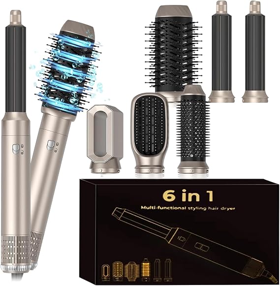 6 in 1 Hot Air Styler, Magic Styler Air Brush Hair Wrap Curler, 1000W Powerful Negative Ionic Hot Airbrush Airstyler, Smooth Hair Styler for Drying, Curling, Volumizing, Straightening, All Hair Types