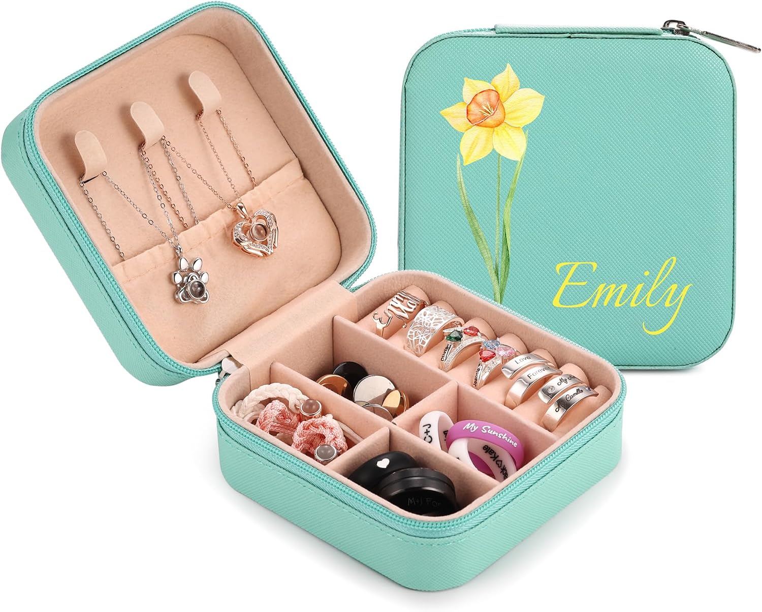 Personalized Leather Jewelry Organizer Box with Name Birthflower Engraved Travel Jewelry Case Organizer for NecklacesRingsEarrings Customized Travel Jewelry Box for Women - B: Green