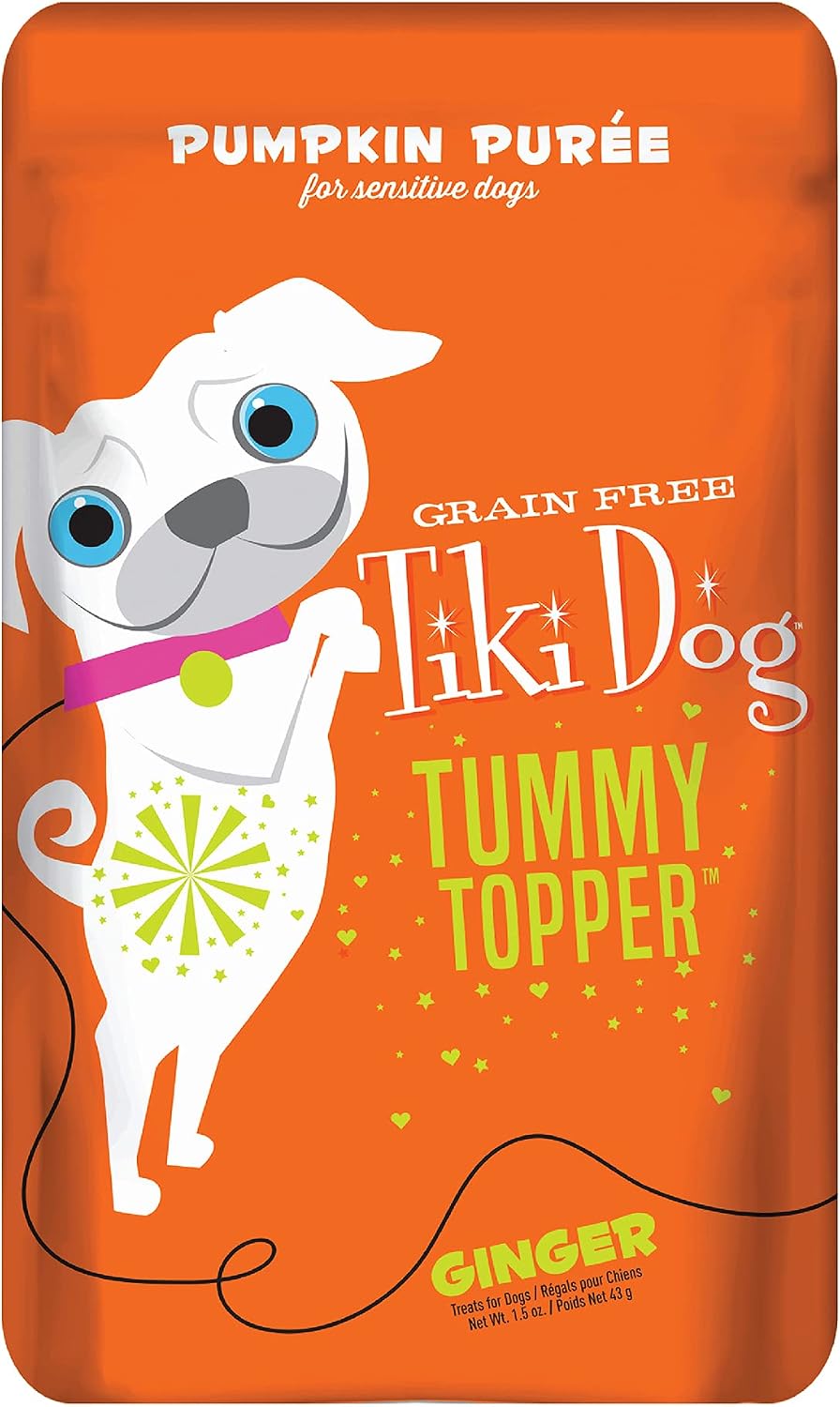 Tiki Dog Single-Serve Tummy Topper, Grain-Free Pumpkin Purée with Ginger for Sensitive Stomachs, 1.5oz Pouches Pack of 12