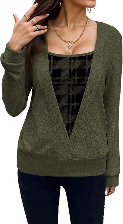 Women's Square Neck Plaid Printed Shirt Fall Winter Long Sleeve Dressy Casual Blouse Trendy Two Piece Tunic Tops