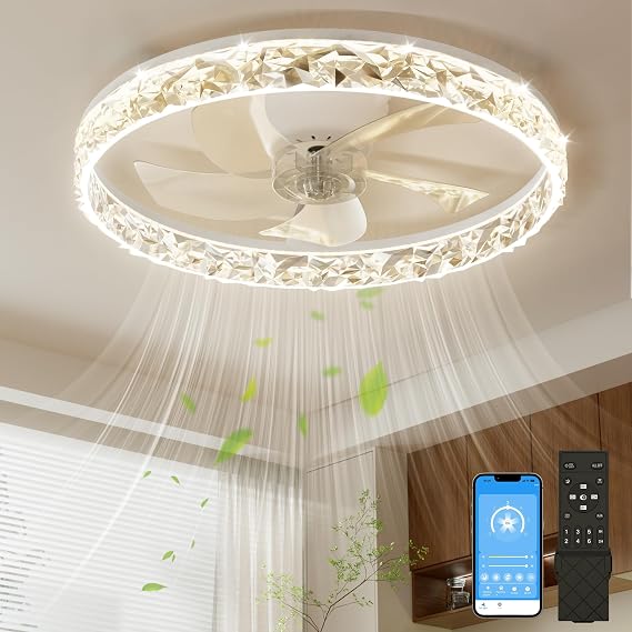 NIORSUN 50CM LED Ceiling Fan with Lights and APP Remote, Dimmable Low Profile Ceiling Fans, Flush Mount Ceiling Fan, Stepless Color Temperature Change and 6 Speeds（White） [Energy Class C]