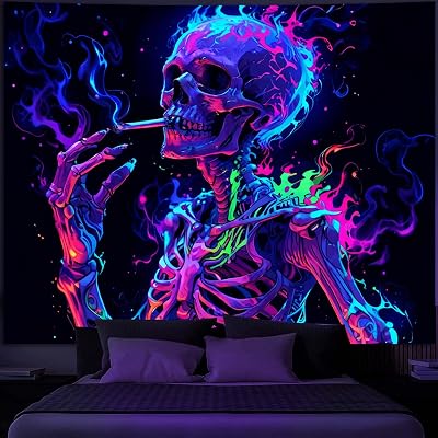 Simpkeely Blacklight Skeleton Tapestry UV Reactive Glow in the Dark Neon Skeleton Wall Hanging, Colorful Skull Art Decor for Bedroom, Living Room, Party - 51.2 x 59.1