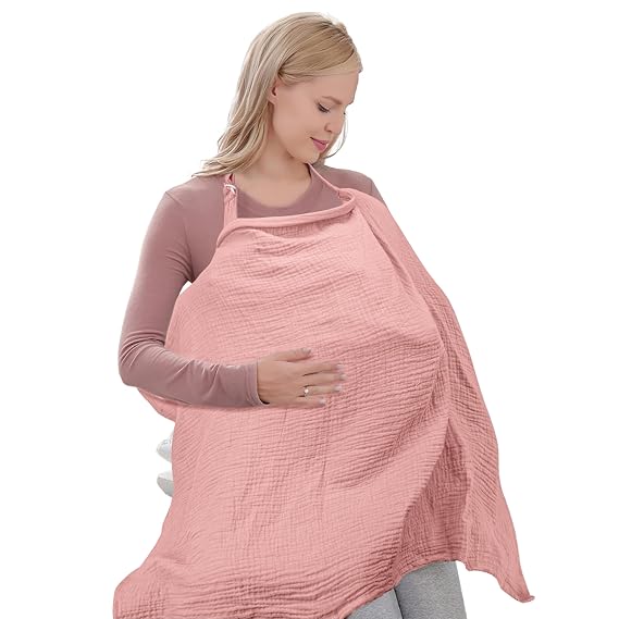 Premium 100% Organic Cotton Muslin Nursing Cover 43 x 28 Inches Breathable, Lightweight & Privacy Wrap for Mothers, Soft Multi-Use Breastfeeding Cover for Home & Travel, Pink