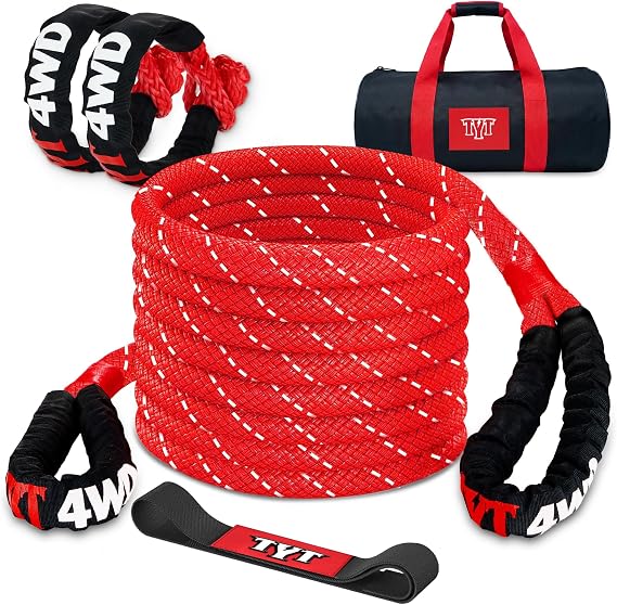 TYT Kinetic Recovery Rope,(1in x 30ft Red) 48,500lbs Snatch Strap, Heavy Duty Stretch Nylon Towing Ropes for Offroad Vehicle, Jeep, SUV, ATV, UTV, Tractor Elastic