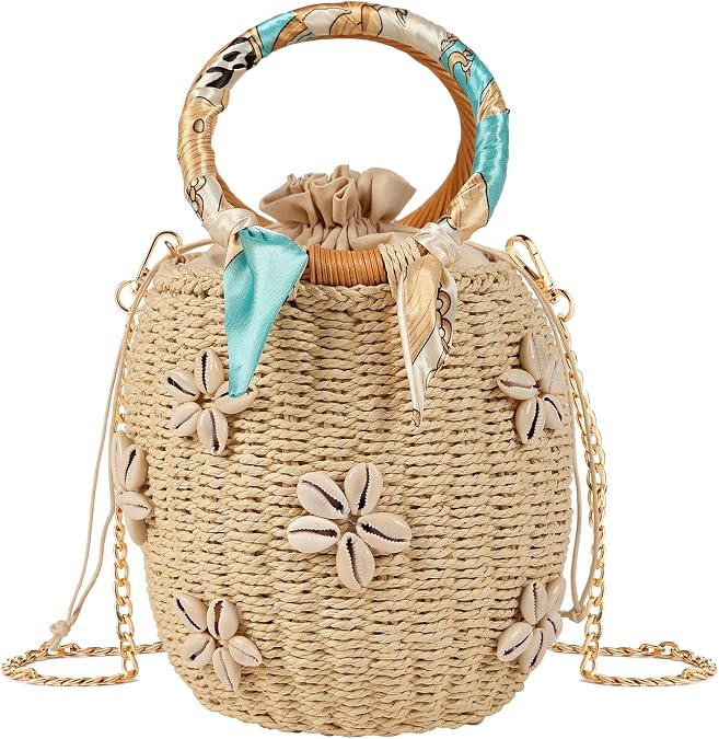 JBRUN Pearl Flower Straw Woven Tote Bag Summer Beach Rattan Handle Bucket Bag Straw Purses and Handbags for Women