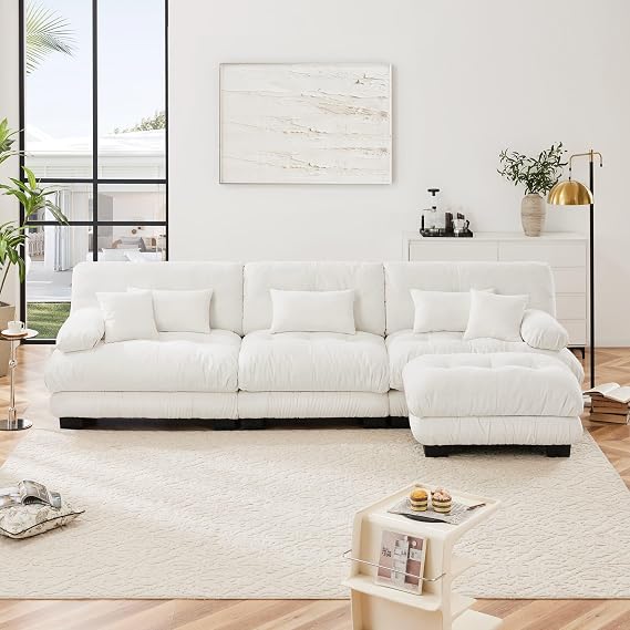 ZeHuoGe Modular Sectional Couch, L Shaped Cloud Sofa for Living Room, Deep Seat Sofa Couch with Convertible Ottoman (White)