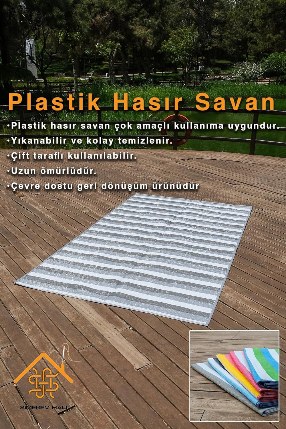 Hasır Savan Mat Plaj Kamp Piknik Bahçe Balkon Teras Yıkanabilir Katlanabilir Kilim GRİ 180 x 270