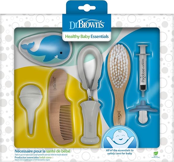 Dr. Brown's Healthy Baby Essentials Kit Pacidose Medicine Dispenser Nail Scissors with Case, Nasal Aspirator, Cradle Cap Brush, Plus Comb, Cold Compression