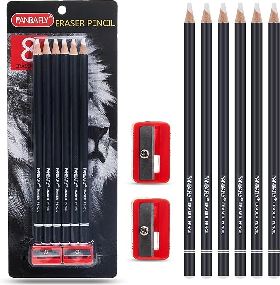 PANDAFLY Eraser Pencil Set - 6pc Eraser Pencils and 2pc Sharpener, Erasing Small Details or add Highlights for Sketching, Charcoal Drawings. Art Eraser Pencils for Artists & Beginners, White