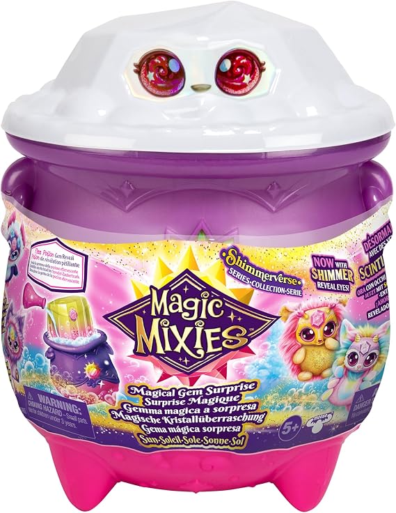 Magic Mixies Magic Cauldron with Crystal Surprise. With new shimmering eyes! Uncover A Mixie Stuffed Animal from the Bubbly Cauldron and discover 2 magical sun jewel surprises!