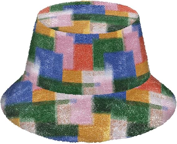 Retro Hazy Colored Blocks Cute Bucket hat Faux Fur Fishing hat for Snowboarding, Climbing, Sports