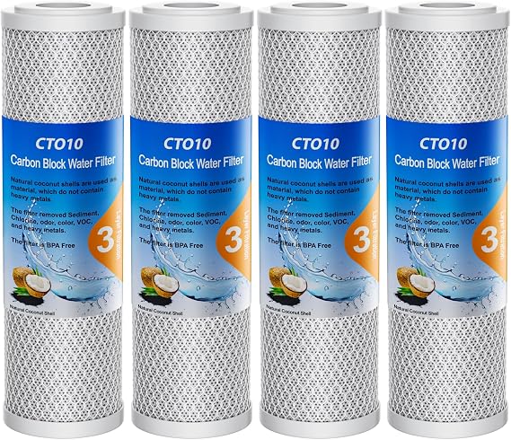 1 Micron 2.5" x 10" Whole House CTO Carbon Sediment Water Filter Cartridge Compatible with DuPont WFPFC8002, WFPFC9001, SCWH-5, WHCF-WHWC, FXWTC, CBC-10, RO Unit, Pack of 4