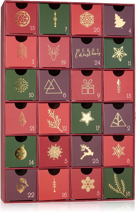 BRUBAKER Advent Calendar to Fill - Traditional Christmas Red Green - Reusable DIY Christmas Calendar with 24 Doors for Vouchers, Sweets and Other Surprises - 12.8 Inches Tall - Cardboard