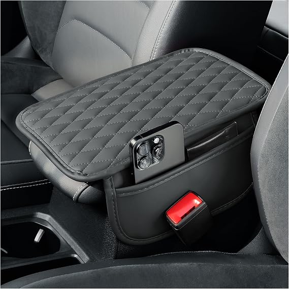 Arm Rest Cover for Car,Leather+Memory Foam Center Console Cover with Storage Bags,Universal Middle Console Cover Car Accessories Interior for Most Car Center Consoles (Gray)