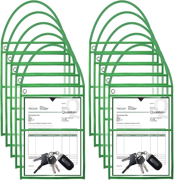 Epakh 30 Pack Shop Ticket Holders 9 x 12 Inch Work Order Plastic Sleeves Job Ticket Holders Dry Erase Repair Order Sleeves with Hanging Strap, Both Sides Clear (Green)