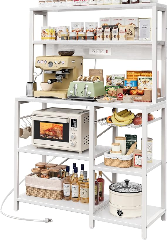 SUPERJARE Bakers Rack with Power Outlet, 35.4" Coffee Bar with Wire Basket Kitchen Microwave Stand with 6 S Hooks, Open Storage Shelf, White | キッチンレンジ台 S字フック6個付き オープン収納棚 ホワイト