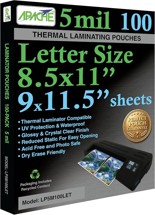 Apache Laminating Pouches 5 mil, for 8.5 x 11 inch Letter Size Paper 9 x 11.5 inch Sheets, 100 Pack