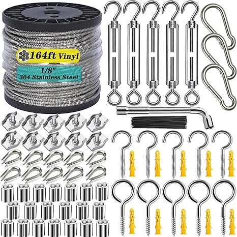 1/8" Wire Rope Kit with M5 Turnbuckles - 164FT Vinyl Coated Stainless Steel Cable, 7x7 Braided Strands Aircraft Cable for Climbing Plants, Outdoor String Lights Hanging