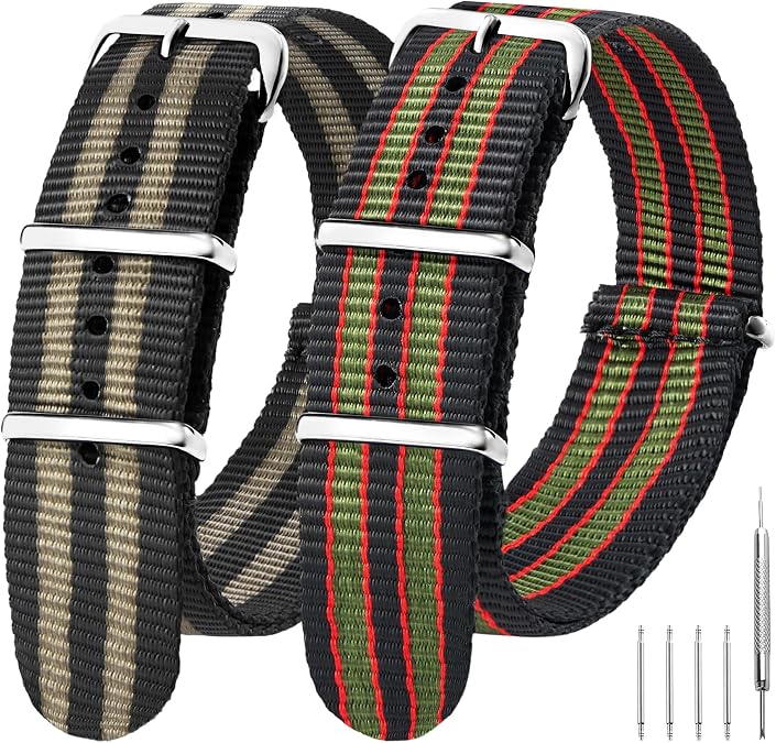 EACHE 2-Pack Nylon Watch Straps for Men, One-Piece Washable Military Watch Strap 18mm 20mm 22mm with Silver Polished Buckle