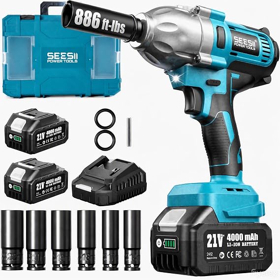 Seesii Impact Wrench 665 FT-LBS(900N.m) 3300IPM 1/2 Impact Gun High Torque Electric Impact Driver Cordless Impact Wrench with 21V 2x4.0Ah Battery 6