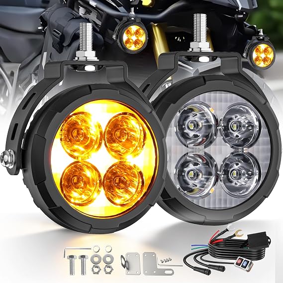 3.5 Inch LED Motorcycle Auxiliary Headlight Amber/White Two-Tone LED Fog Lights with 9 Modes Includes Wiring Harness and Bracket Compatible for Motorcycles, SUV, Truck, ATV