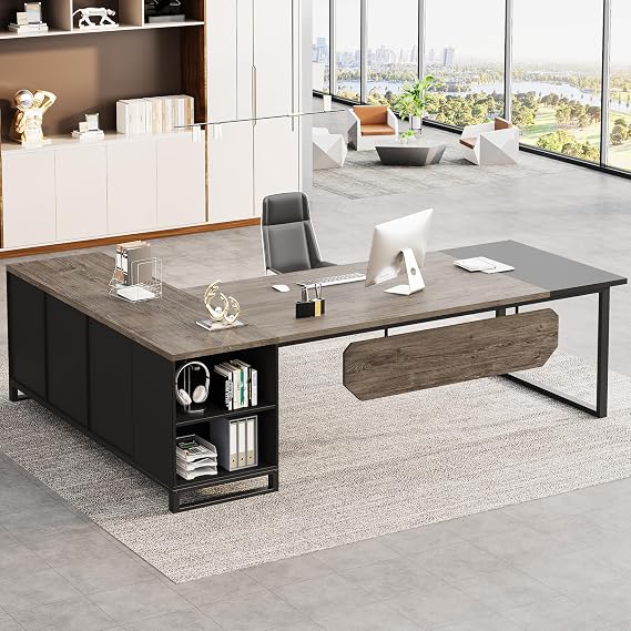 Tribesigns 70.8-Inch Executive Desk with 55-Inch File Cabinet, Large L Shaped Computer Desk with Storage Cabinet and Shelves, Industrial L-Shaped Desk for Home Office, Retro Gray & Black