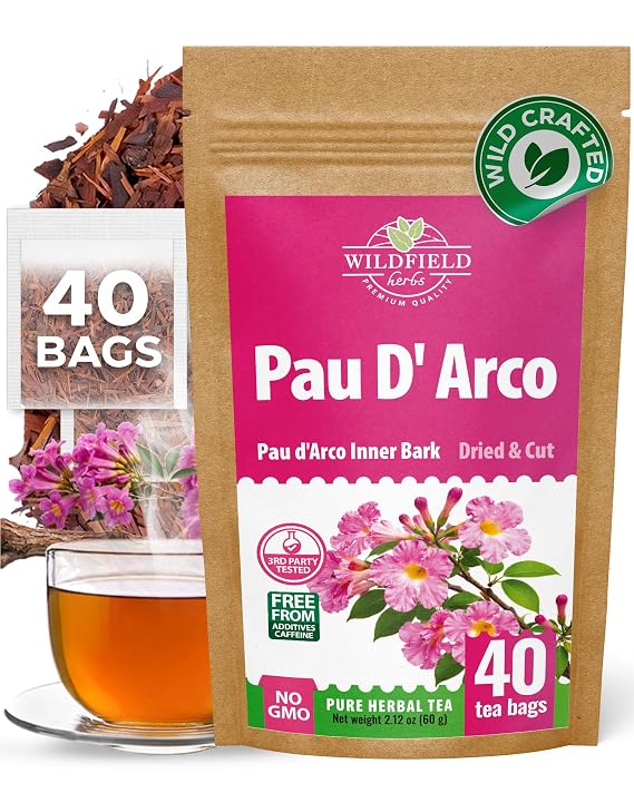 40 Bags Pau D'Arco Herbal Tea (Tabebuia Impetiginosa) - 40 Count 1.5g Bags Dried Pau D'Arco Bark Herb Tea