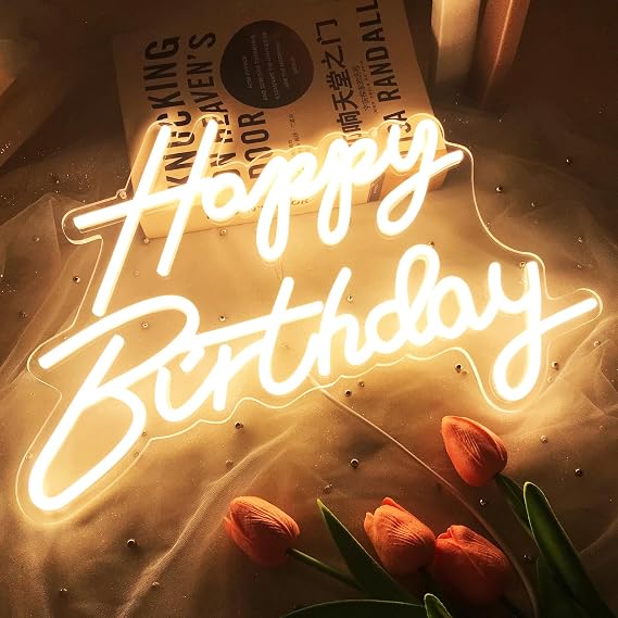 Happy Birthday Neon Sign Reusable Warm White LED Neon Night Light Birthday Party Decorations USB Operated Decorative for Backdrop Party Bedroom Wall Decor 5v,16.5"*11"