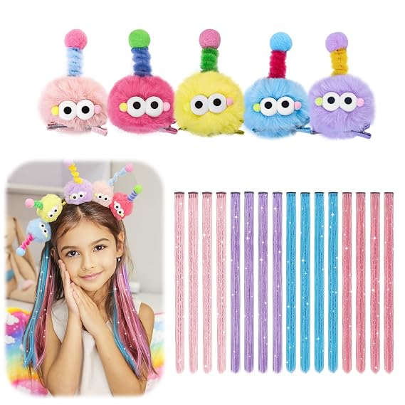 5 PCS Cartoon Hair Clips and 16 PCS Rainbow Tinsel Hair Extensions, Crazy Hair Accessories for Kids