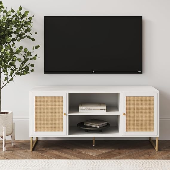 Nathan James Mina Modern TV Stand, Entertainment Cabinet, Media Console with a Natural Rattan Storage Doors, White Finish and Gold Brass Accents for Living Room or Media Room, White/Gold