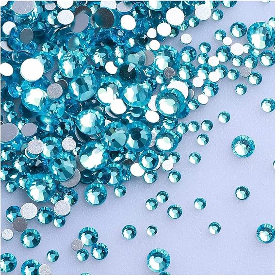 Rhinestones,crystal rhinestones, 1440Pcs/Pack Mix Size Black Glass Flat Back Rhinestone Glitter Diamond Non Hotfix Rhinestones for Nail Art Clothes(Aquamarine)