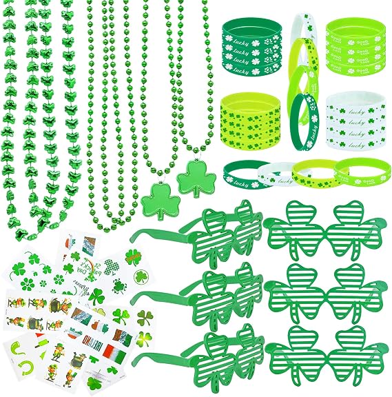 Labrostar 96Pcs St. Patricks Day Party Favors Set Shamrock Glasses Necklaces Bracelets Tattoos St. Patrick's Day Accessories Decorations Supplies
