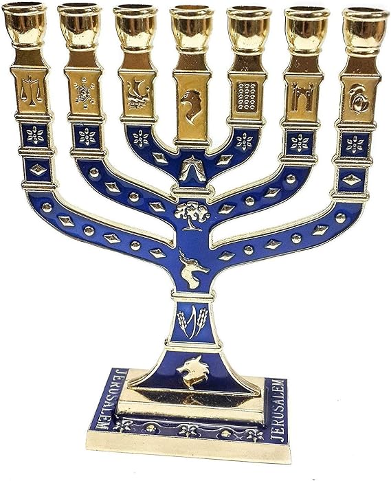 Jerusalem Blue Enamel 7 Branch 12 Tribes Menorah 10.8" high