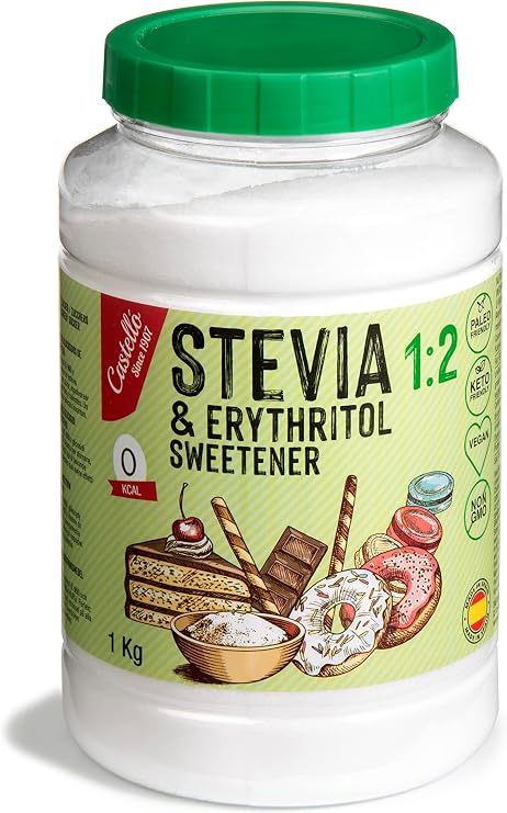 Castello since 1907 Stevia + Erythritol 1:2 Sweetener 1kg | 1g = 2g sugar | 100% Natural taste Sugar Substitute - 0 Calories - 0 Glycemic Index - Keto and Paleo - 0 Net Carbohydrates - Non-GMO - 1kg