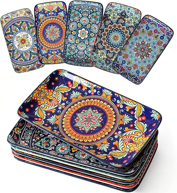 glowworm Porcelain Appetizer Plates Set of 6, 8.5 Inch Salad Plates for Sushi, Dessert, Rectangular Serving Platters, Serving Tray for Party, Kitchen, Microwave & Oven Safe, Bohemian