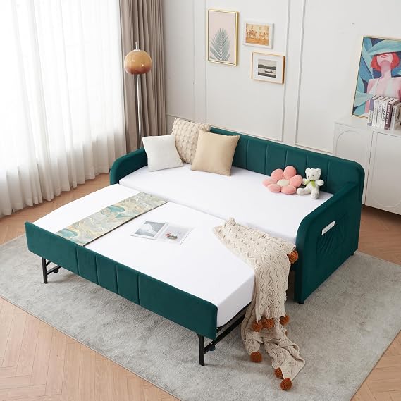 Twin Size Upholstered Daybed with Trundle, Convertible Twin to King Sofa Bed Frame with USB Charging Ports & Wave Backrest, Linen Fabric Guest Bed for Kids Teens Adults (Green)