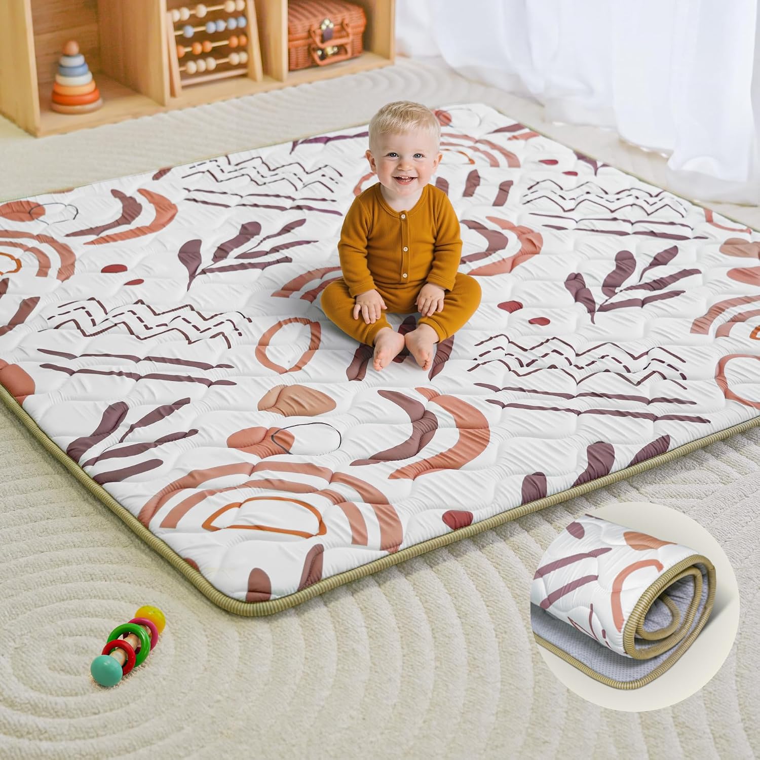 Baby Play Mat, 50x50 Playpen Mat, Thick Soft Foam Playmats for Baby, Foldable and Washable Crawling Mat for Floor Orange Nature