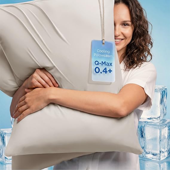 Bedsure Cooling Pillow Cases Standard Size Set of 2 for Hot Sleepers, Beige | Zippered Closure, Q-Max 0.4, 20 x 26 Inches, Reduces Hair Frizz & Skin Friction, Chill for Neck & Spine Night Sweats