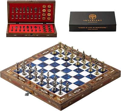 Handmade Folding Wooden Chess Set with Metal Pieces Walnut Wood Board Luxury Chess Gift for Adults Travel Friendly 6 Color Options Gold-Silver Pieces, Blue